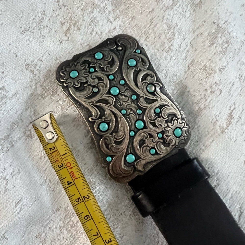 Silver and Turquoise Floral Buckle with leather strap belt